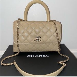21A Chanel Caviar Lizard Embossed Mini Coco Handle Flap Dark Beige